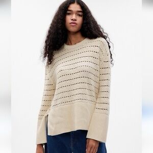 24/7 Split-Hem Crochet Long-Sleeve Sweater Cream Size Medium